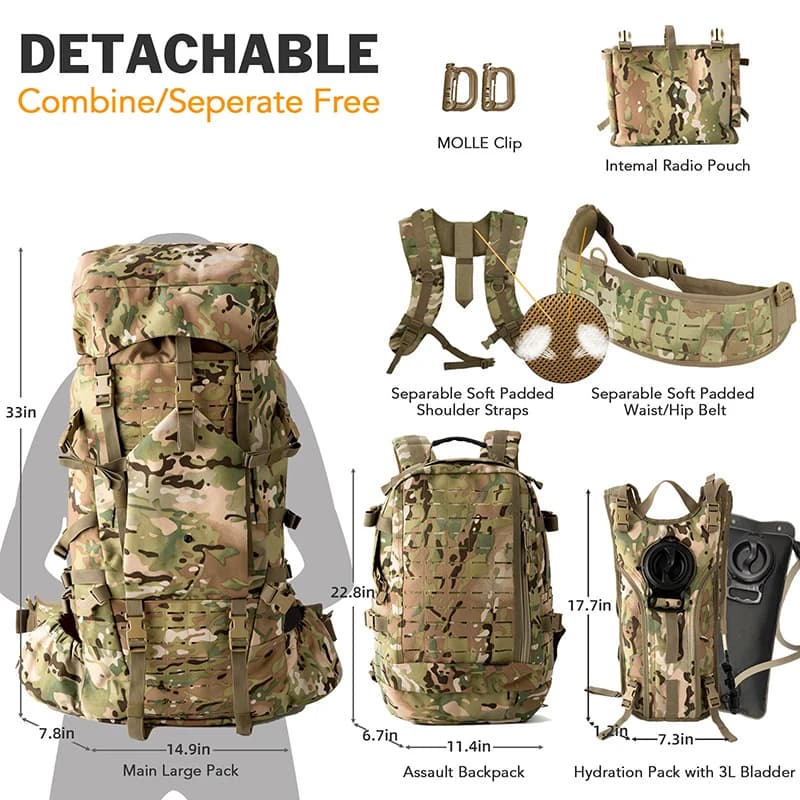 Sac à dos tactique militaire ILBE 120L découpé laser, imperméable 1000D avec pochette hydratation et radio camouflage