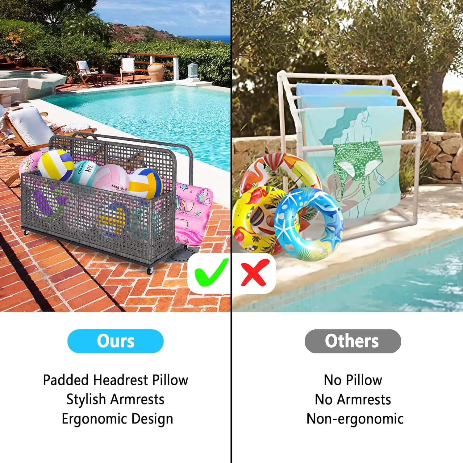 Caddie de Piscine Extérieur en Rotin PE avec Roues, Rangement pour Flotteurs et Jouets