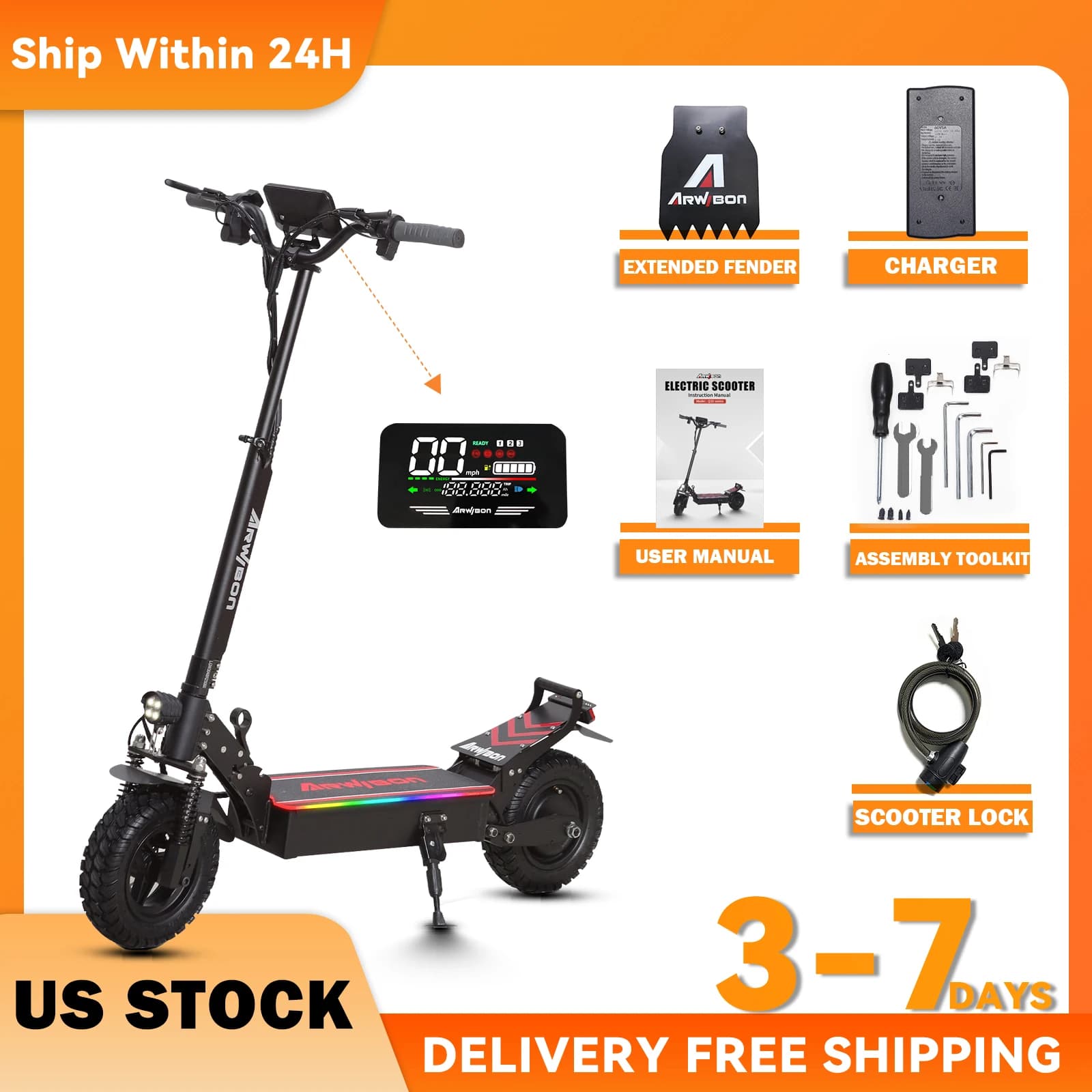 Trottinette électrique Arwibon Q30 2500W pour pêche - 30 MPH pliable tout-terrain 11 pouces