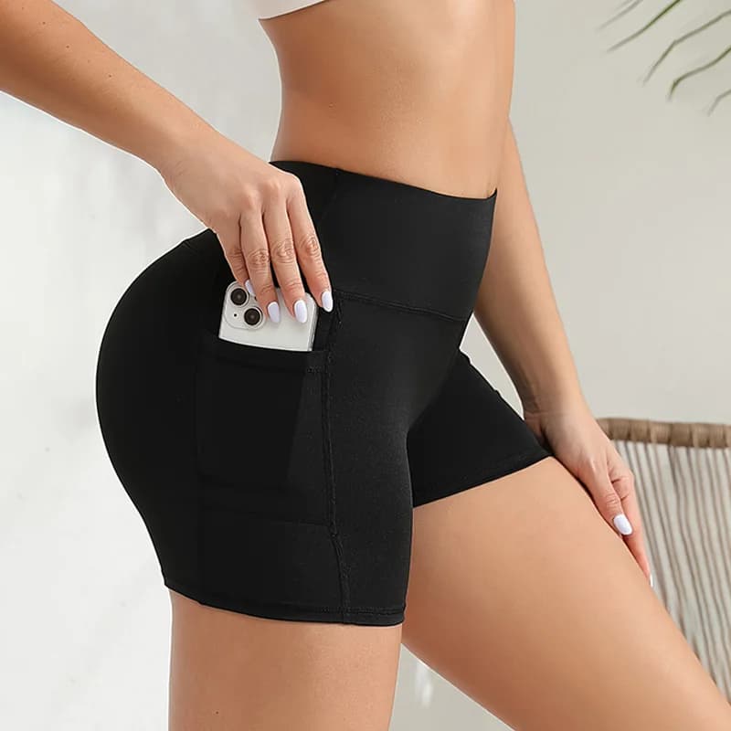 Short de yoga femme taille haute en spandex avec poches pour entraînement pêche