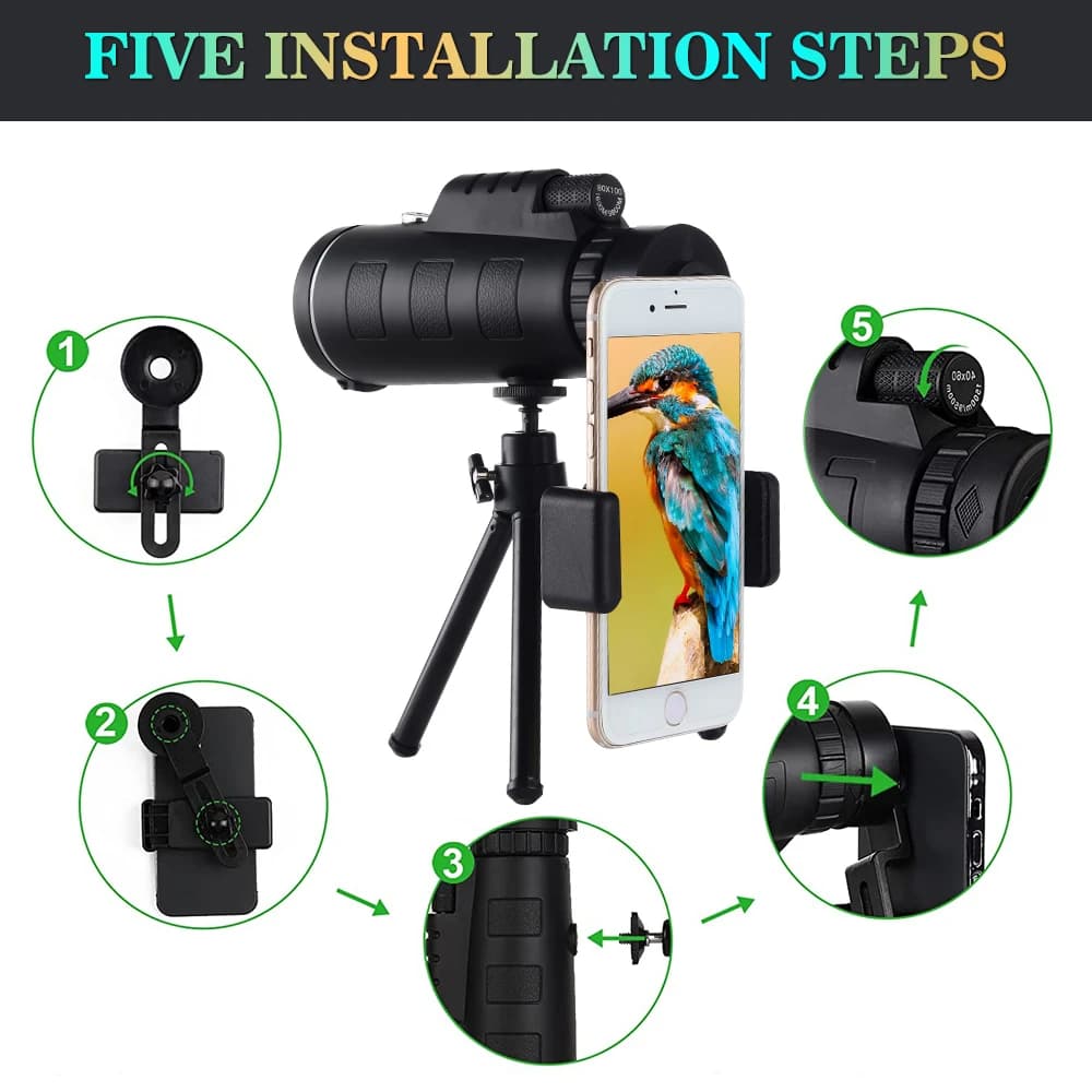 Télescope Monoculaire 80x100 HD Portable Longue Portée Étanche avec Trépied pour Observation Extérieure Pêche