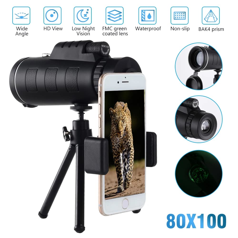 Télescope Monoculaire 80x100 HD Portable Longue Portée Étanche avec Trépied pour Observation Extérieure Pêche