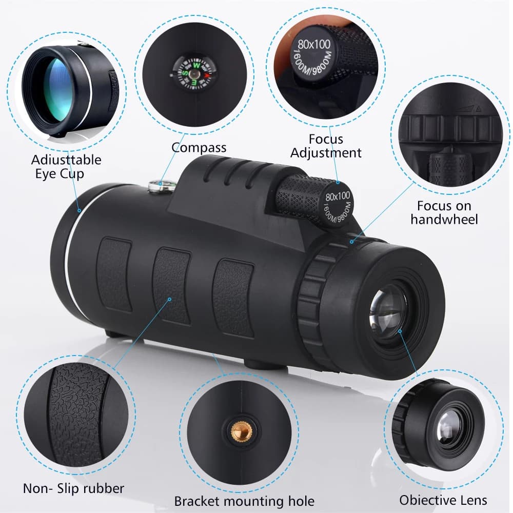 Télescope Monoculaire 80x100 HD Portable Longue Portée Étanche avec Trépied pour Observation Extérieure Pêche