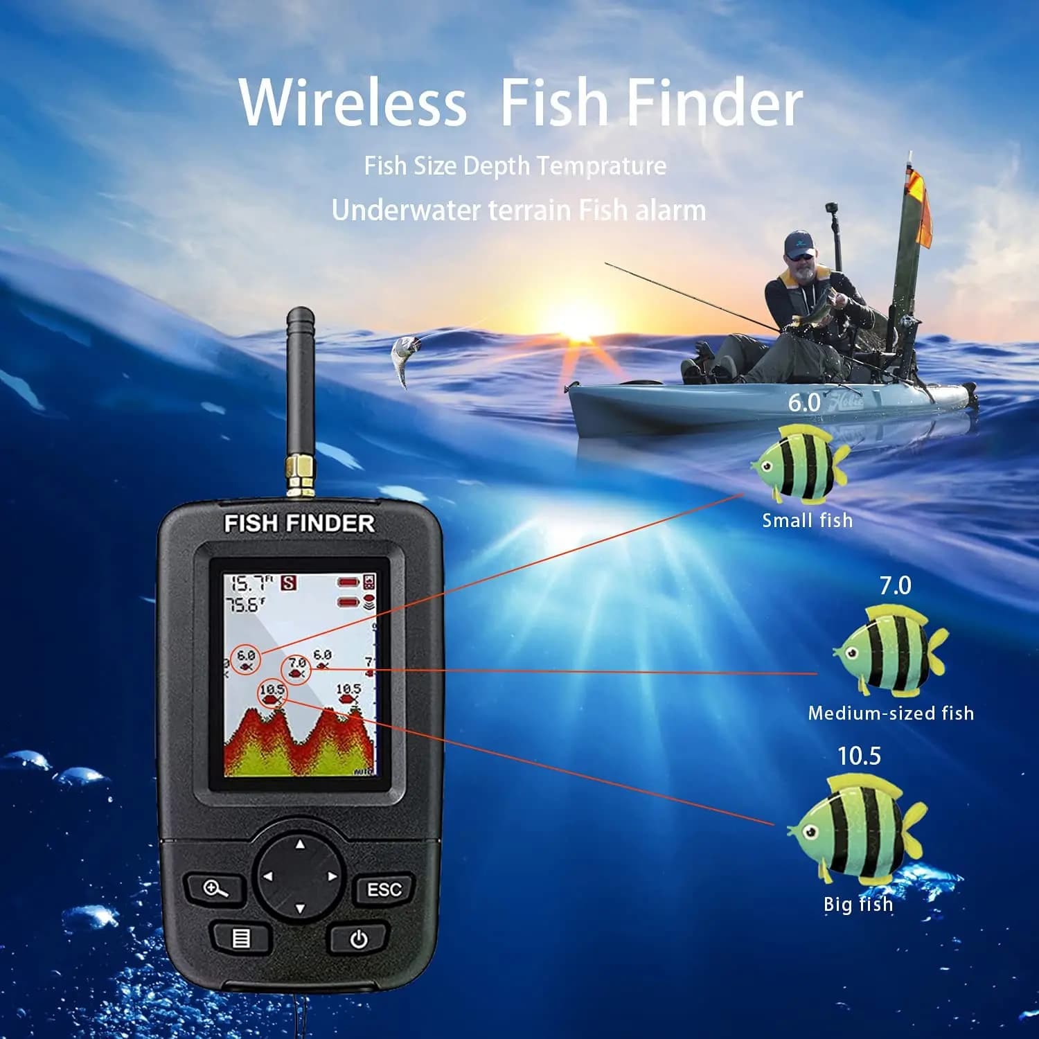 Détecteur poissons sans fil Pupopan sonar alertes pêche échosondeur portable pour eau douce et mer