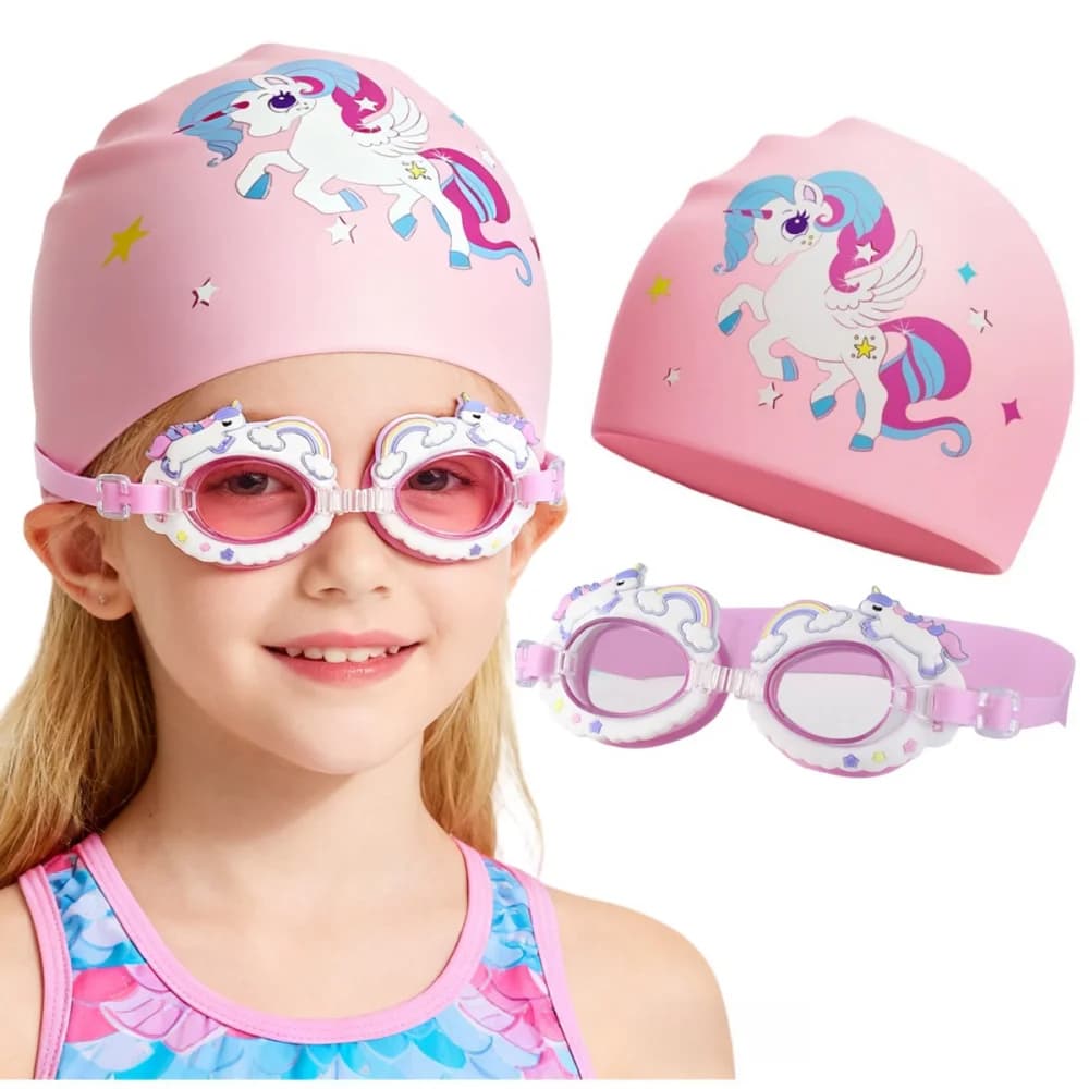Set lunettes natation licorne rose enfant bonnet silicone étanche anti-buée sous-marin