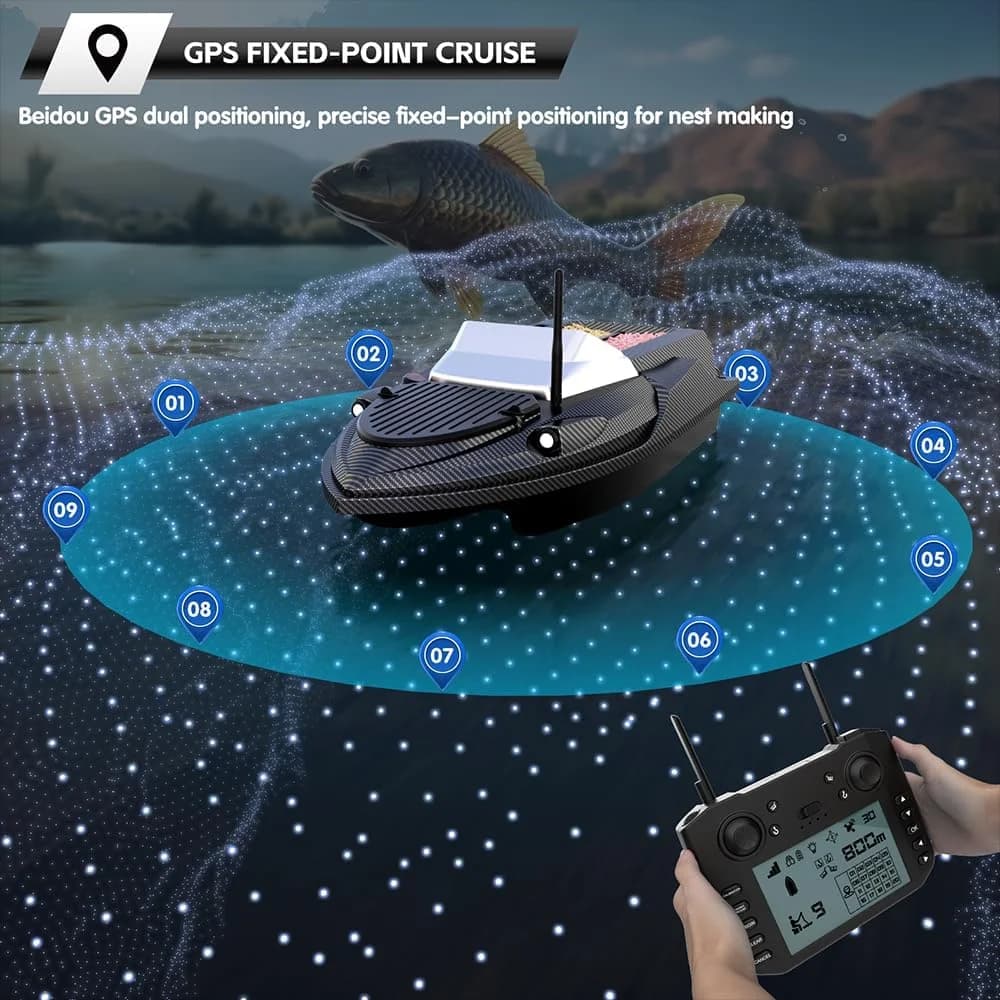 Bateau appât Sonar V080 12V 800m avec sondeur 9 spots - Trawler intelligent double moteur pour pêche carpe
