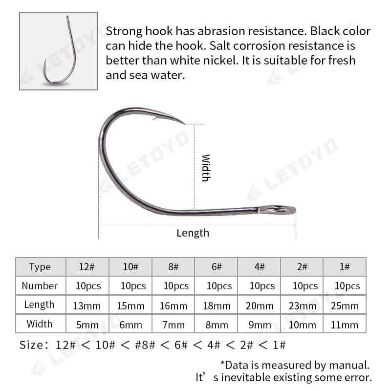 LETOYO Forged Shank Barbed Oversize Eye Fishhook pour spoon lure - Hameçon acier noir pêche rivière