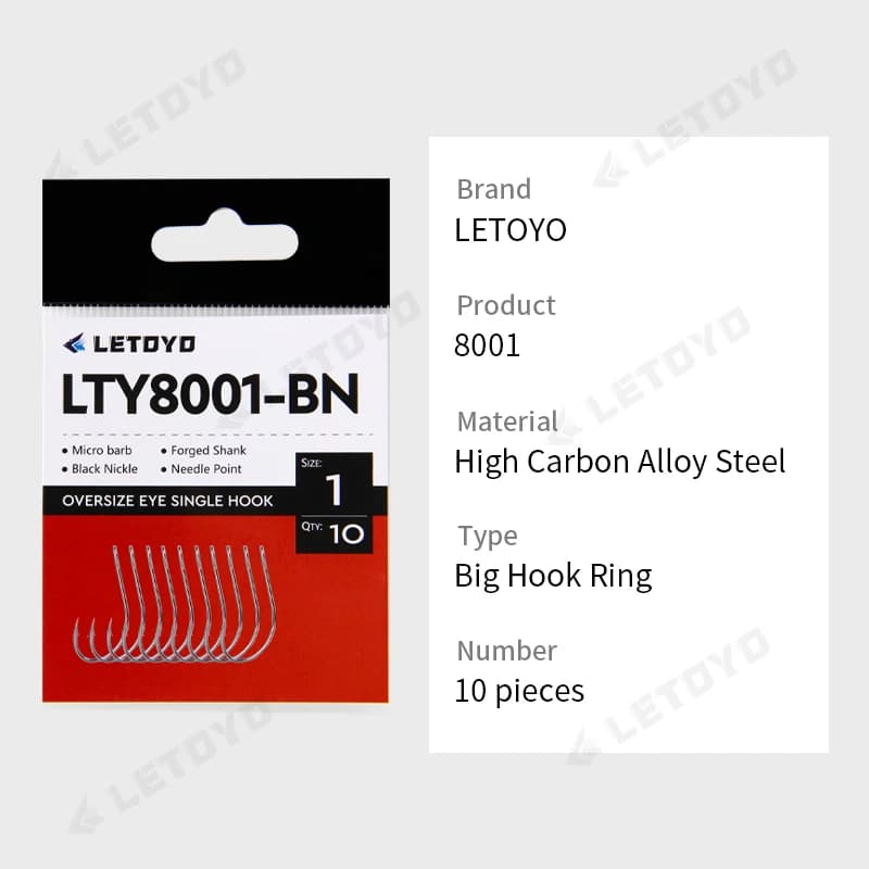 LETOYO Forged Shank Barbed Oversize Eye Fishhook pour spoon lure - Hameçon acier noir pêche rivière
