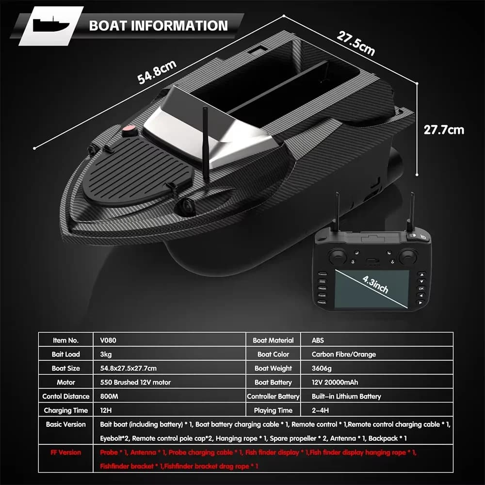 Bateau appât Sonar V080 12V 800m avec sondeur 9 spots - Trawler intelligent double moteur pour pêche carpe
