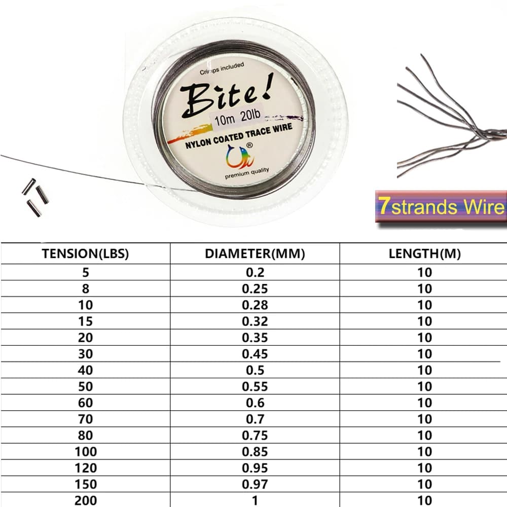 Fil acier tressé 7 brins 10m nylon gainé 5-200LB bas de ligne mer montages pêche