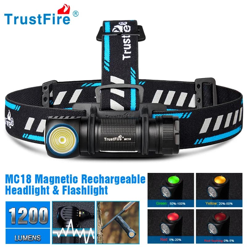Lampe frontale Trustfire MC18 LED XP-LHI magnétique - Frontale pêche rechargeable 18650 1200LM étanche