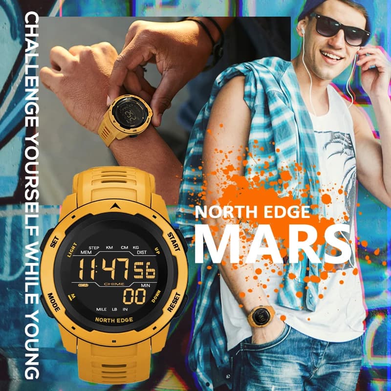 Montre militaire NORTH EDGE homme femme double fuseau podomètre compte à rebours étanche 50m réveil