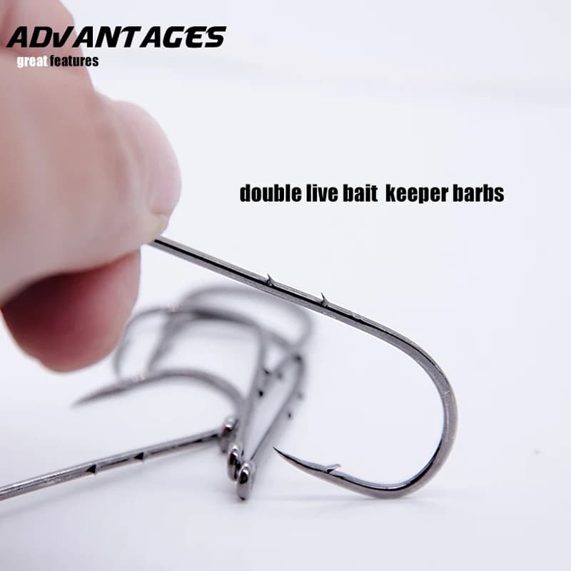 Lot de 50 hameçons longue hampe pour vifs, avec double barbillon anti-décrochage et anti-rouille en acier