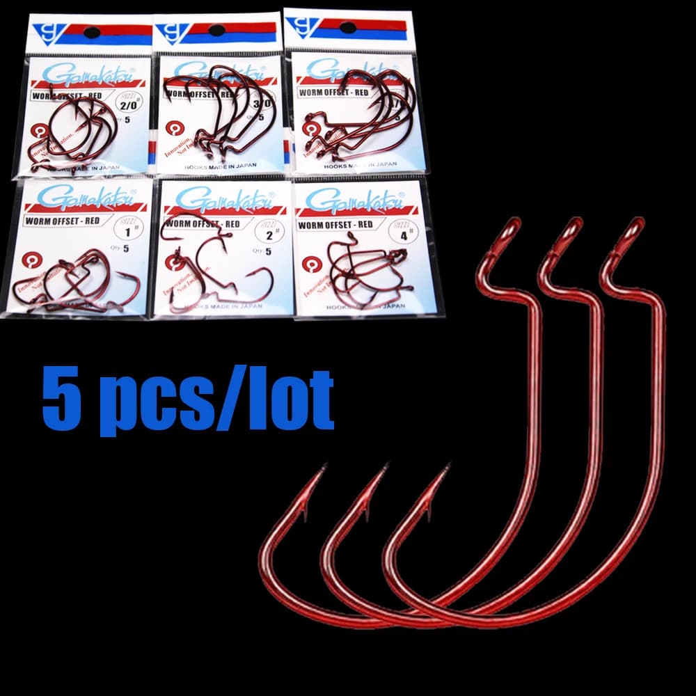 Hameçons Gamakatsu rouges offset pour leurres souples et montage Texas rig - tailles 5/0 à 6 en acier carbone