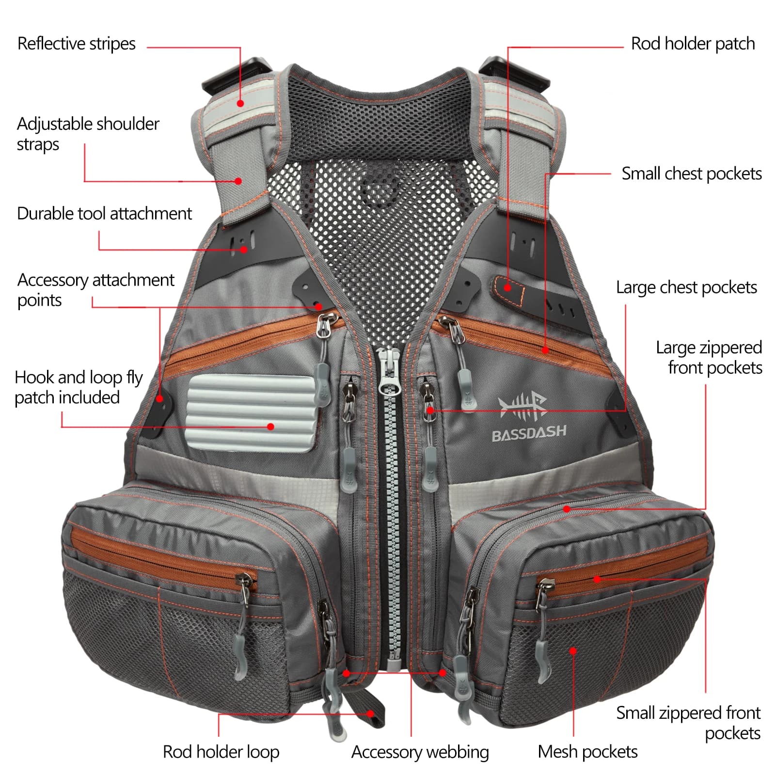 Gilet de pêche à la mouche Bassdash FV09 pour enfant et adolescent, taille ajustable et multiples