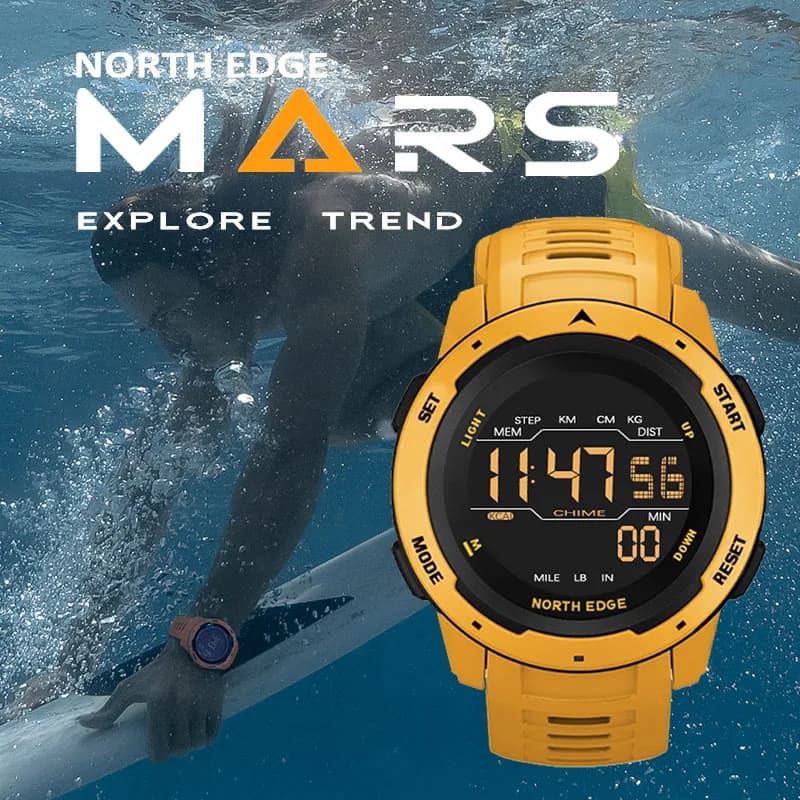 Montre militaire NORTH EDGE homme femme double fuseau podomètre compte à rebours étanche 50m réveil