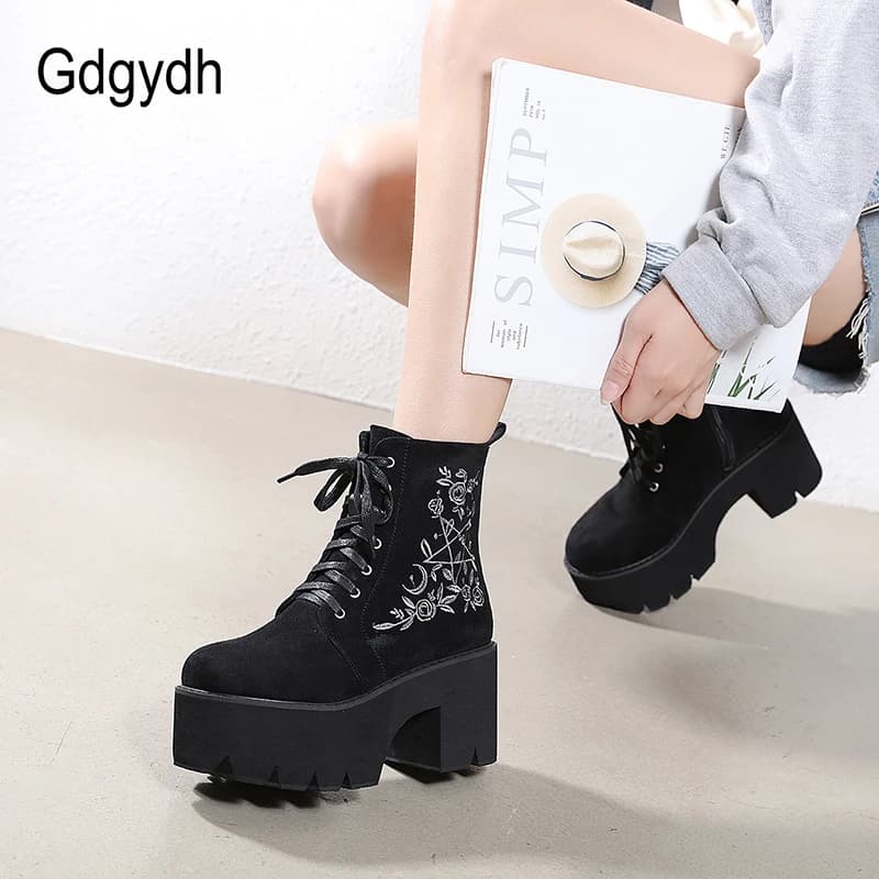 Bottes plateforme fleurs punk suédine - Chaussures gothique pêche nuit lacets qualité
