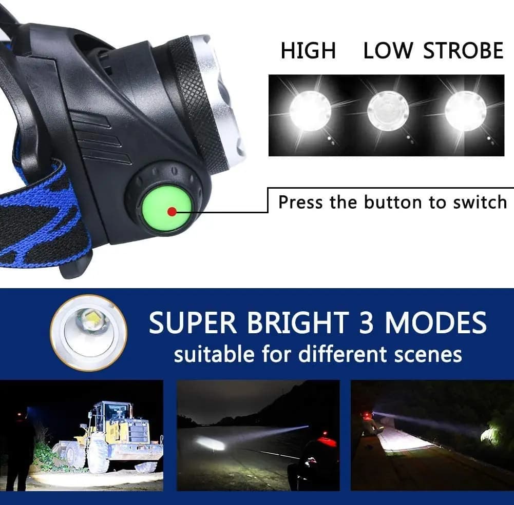 Lampe frontale pêche puissante LED rechargeable DC 18650 zoomable étanche haute luminosité pêche