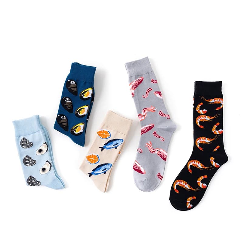 Chaussettes Courtes Femme Harajuku Fruits de Mer Drôles - Design Crevette Calmar Coton Premium Couple