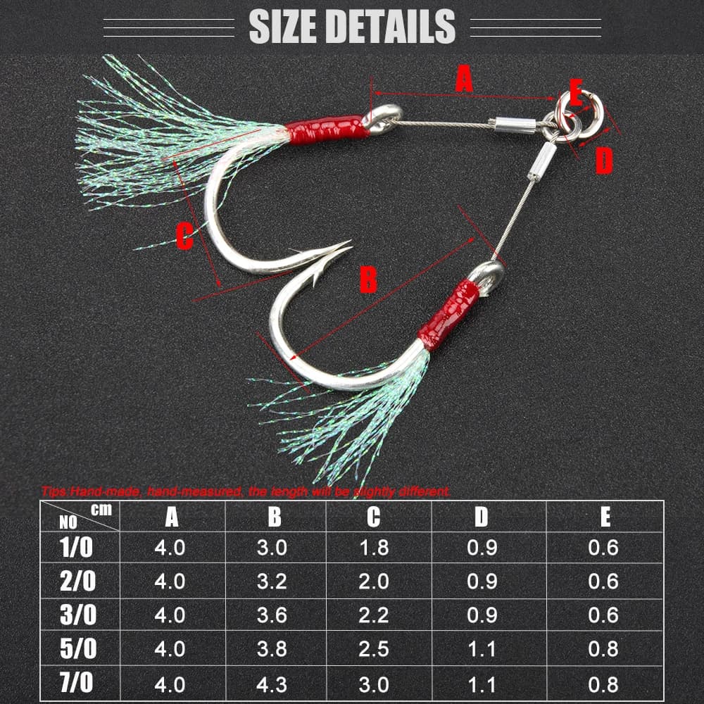 Hameçons doubles à plumes 2 paires pour jigging assisté - Tailles 1/0 à 7/0 pêche mer