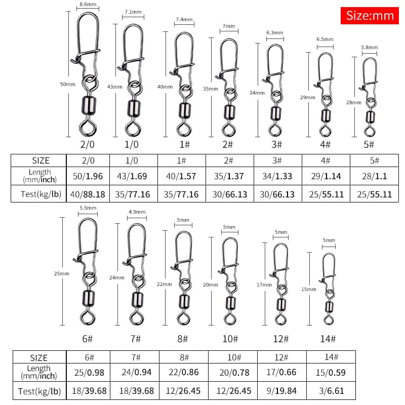 Lot de 50 émerillons roulants à roulement MEREDITH 2 4 6 8 10 en acier inoxydable