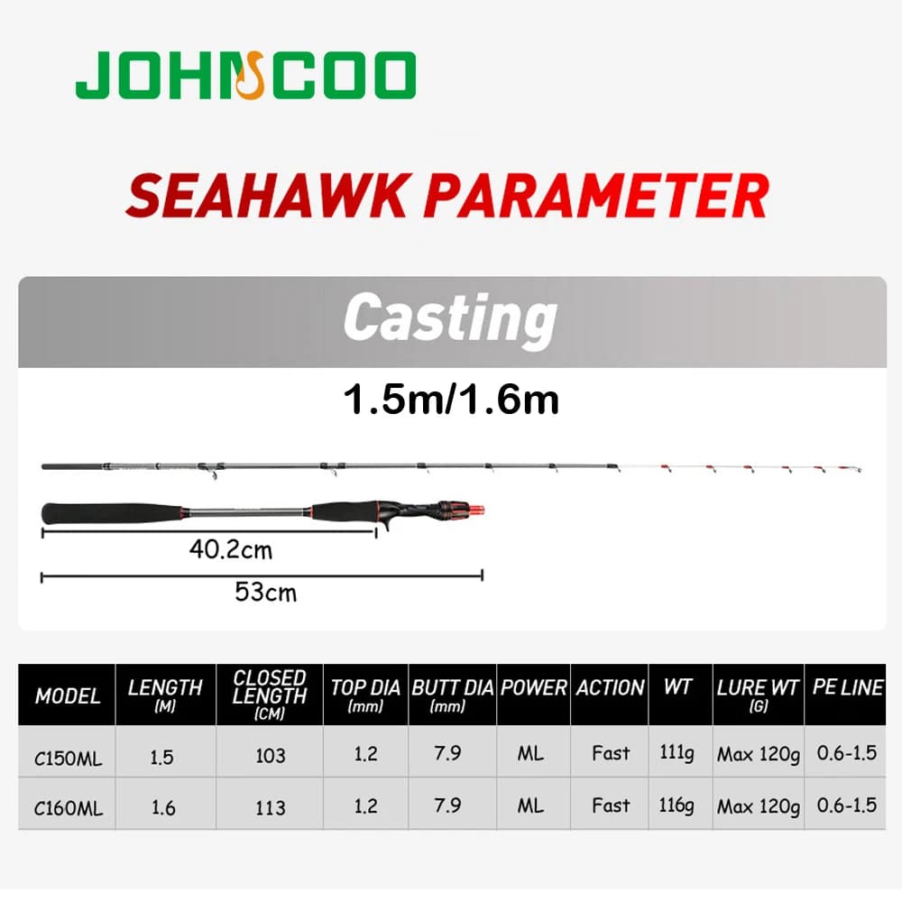 Canne seiche JOHNCOO super légère mer - 1.5-1.6m ML max 120g - Pour pêche bateau et jigging sensible