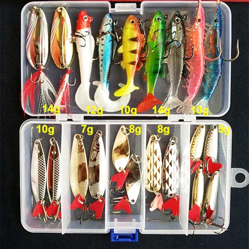 Kit de pêche leurres durs wobblers, cuillers métal et leurres souples silicone – accessoires pêche complets