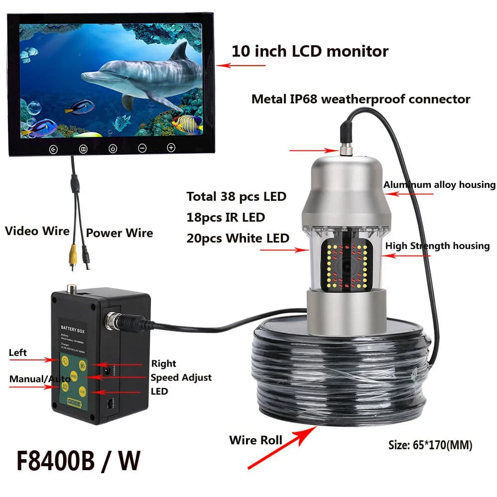 Caméra sous-marine rotative 360° pour pêche - Fishfinder vidéo 10 pouces IP68 avec 38 LED