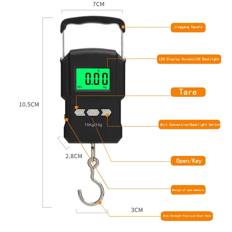 Balance numérique noire rechargeable 75Kg précision 10g avec mètre ruban pour pêche bagages crochet
