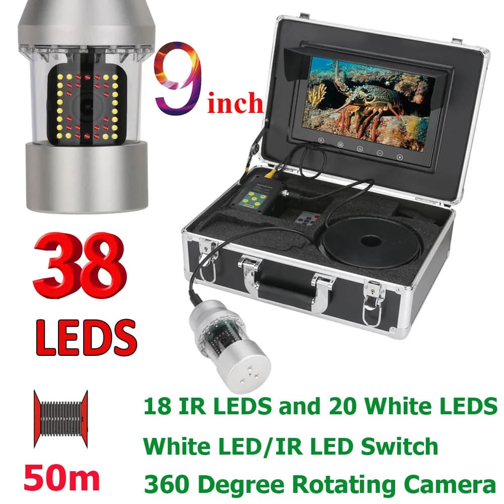 GAMWATER Caméra sous-marine 9 pouces 38 LEDs rotative 360° pour pêche vision poissons 20m 50m 100m