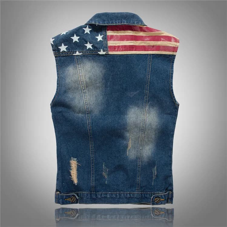 Gilet denim déchiré style cowboy pour pêche - Veste sans manches vintage USA flag grande taille 5XL