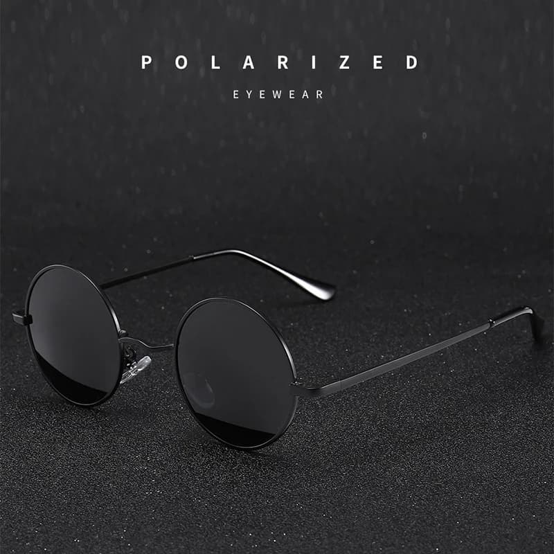 Lunettes de soleil polarisées vintage rondes pour pêche - Monture métal alliage noir UV400 - Homme Femme