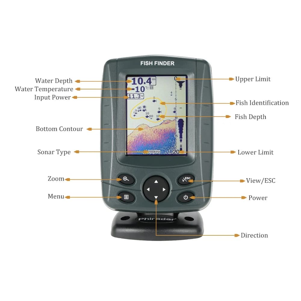 Détecteur de poissons Phiradar sonar portable 3.5 pouces LCD 14 langues pour échosondeur pêche profondeur