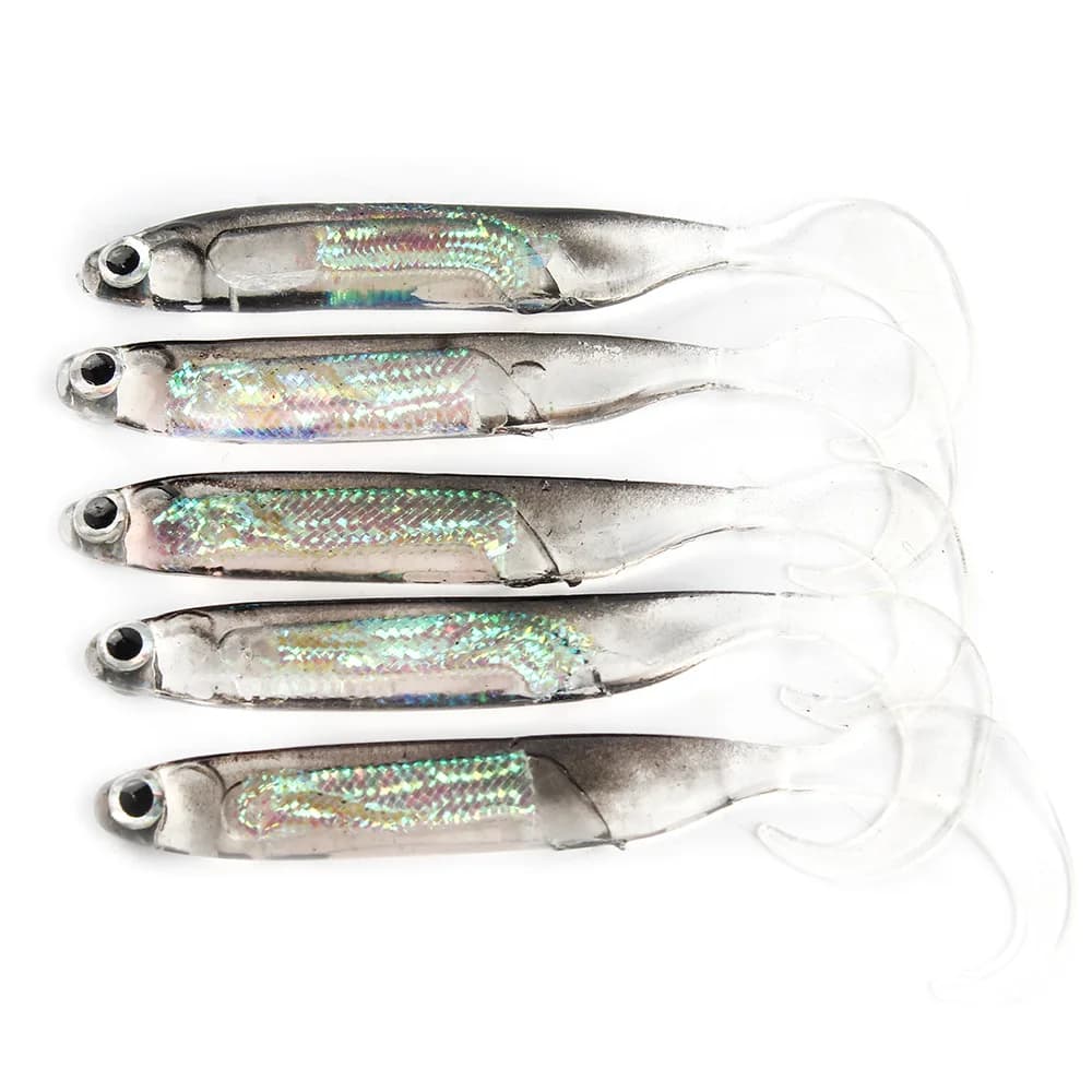 Lot 5 leurres souples T Tail 7-7.5cm - Appâts arc-en-ciel à paillettes pour pêche spinner