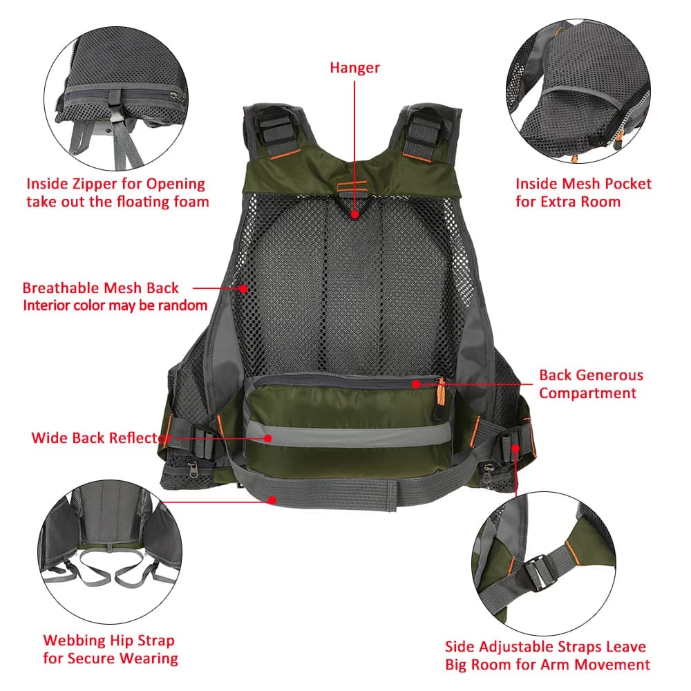 Gilet de pêche respirant Lixada, veste de sécurité multifonction pour la pêche fly et sports nautiques