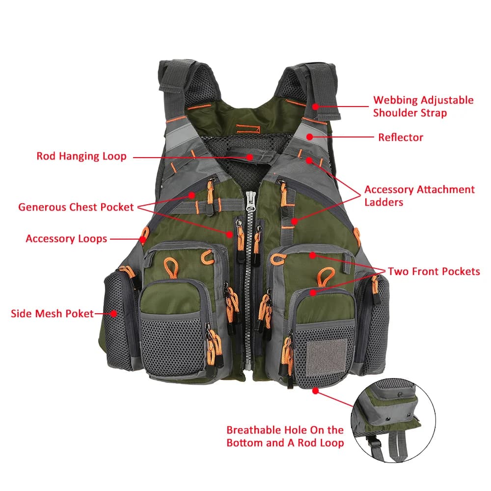 Gilet de pêche respirant Lixada, veste de sécurité multifonction pour la pêche fly et sports nautiques