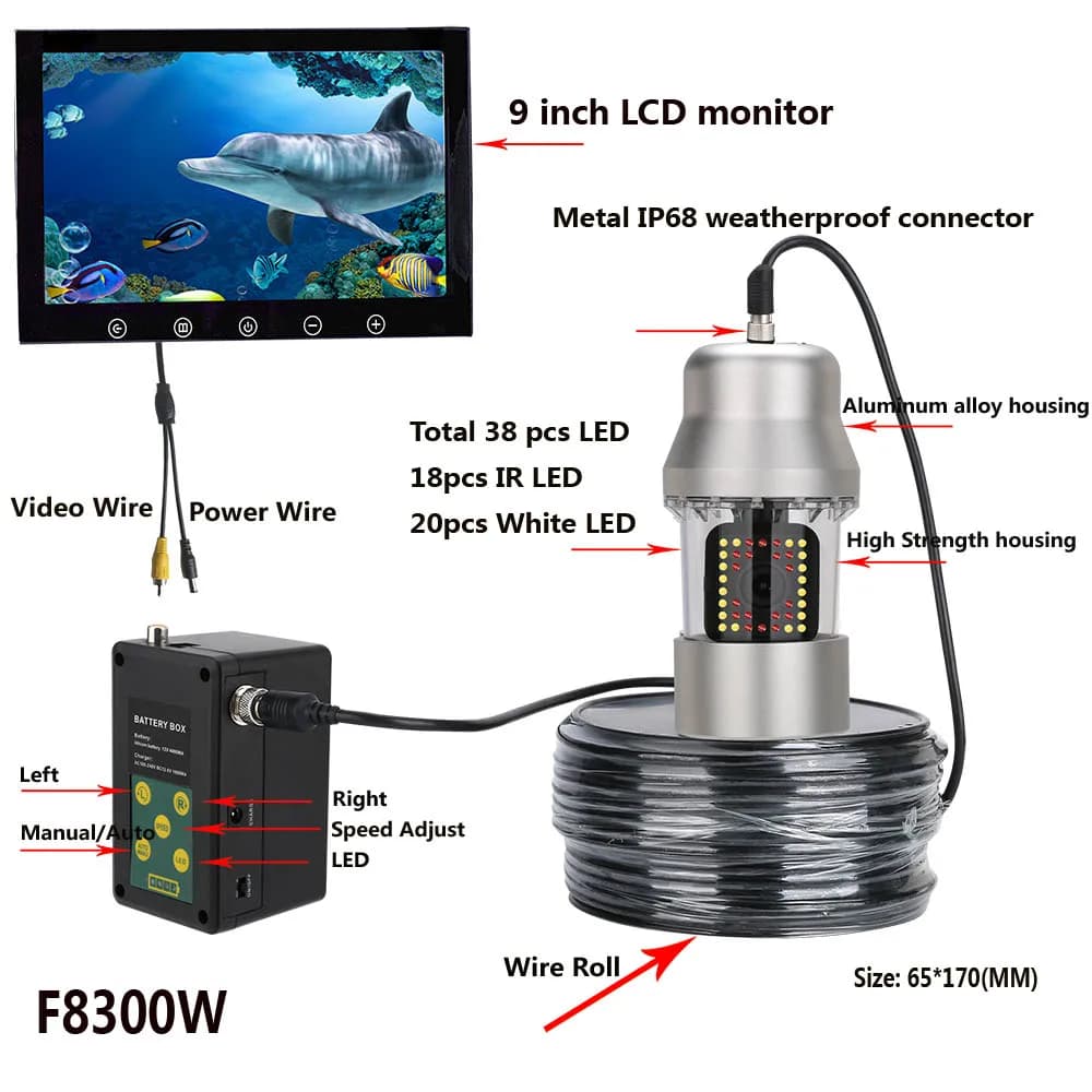 GAMWATER Caméra sous-marine 9 pouces 38 LEDs rotative 360° pour pêche vision poissons 20m 50m 100m