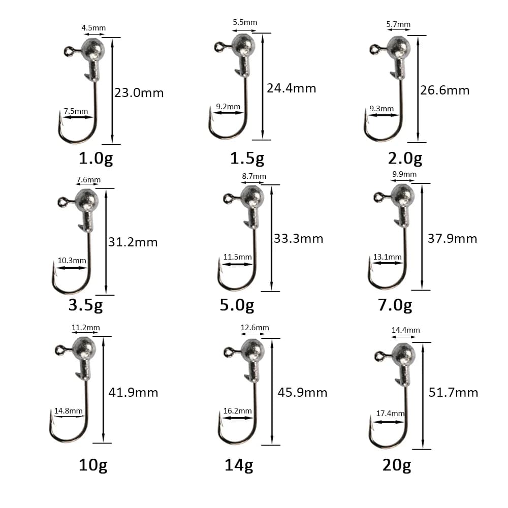 Hameçons plombés Goture 20 à 50 pièces 1g à 20g pour leurres souples - Têtes jig acier carbone pour carpe et bar