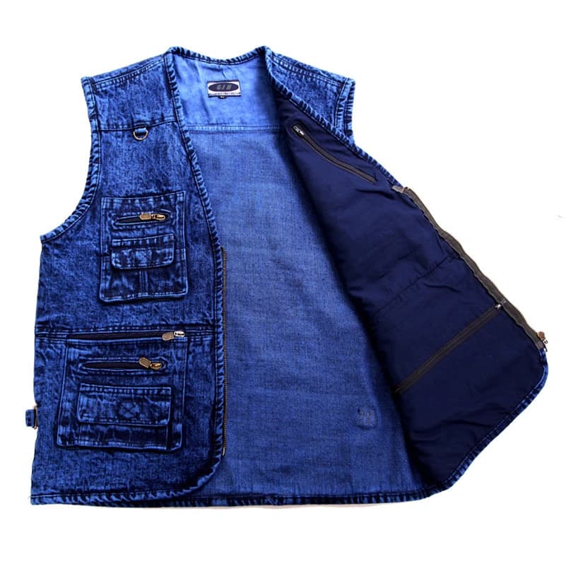 Veste sans manches homme en denim bleu foncé, taille plus XL à 5XL, multi-poches