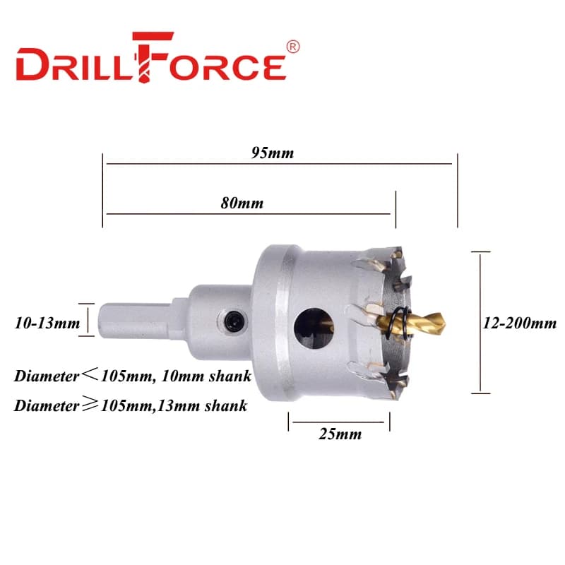 Forêts trépans Drillforce 12-200mm TCT carbure cobalt - kit coupe métal acier inox fer plaque