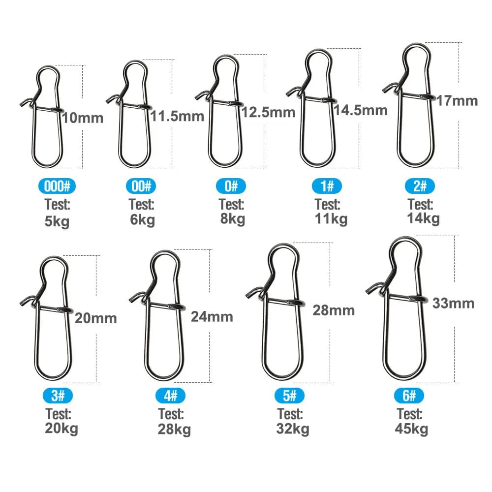 Lot de 50 ou 100 clips Fastlock en acier inoxydable pour leurres, swivels et montages de pêche