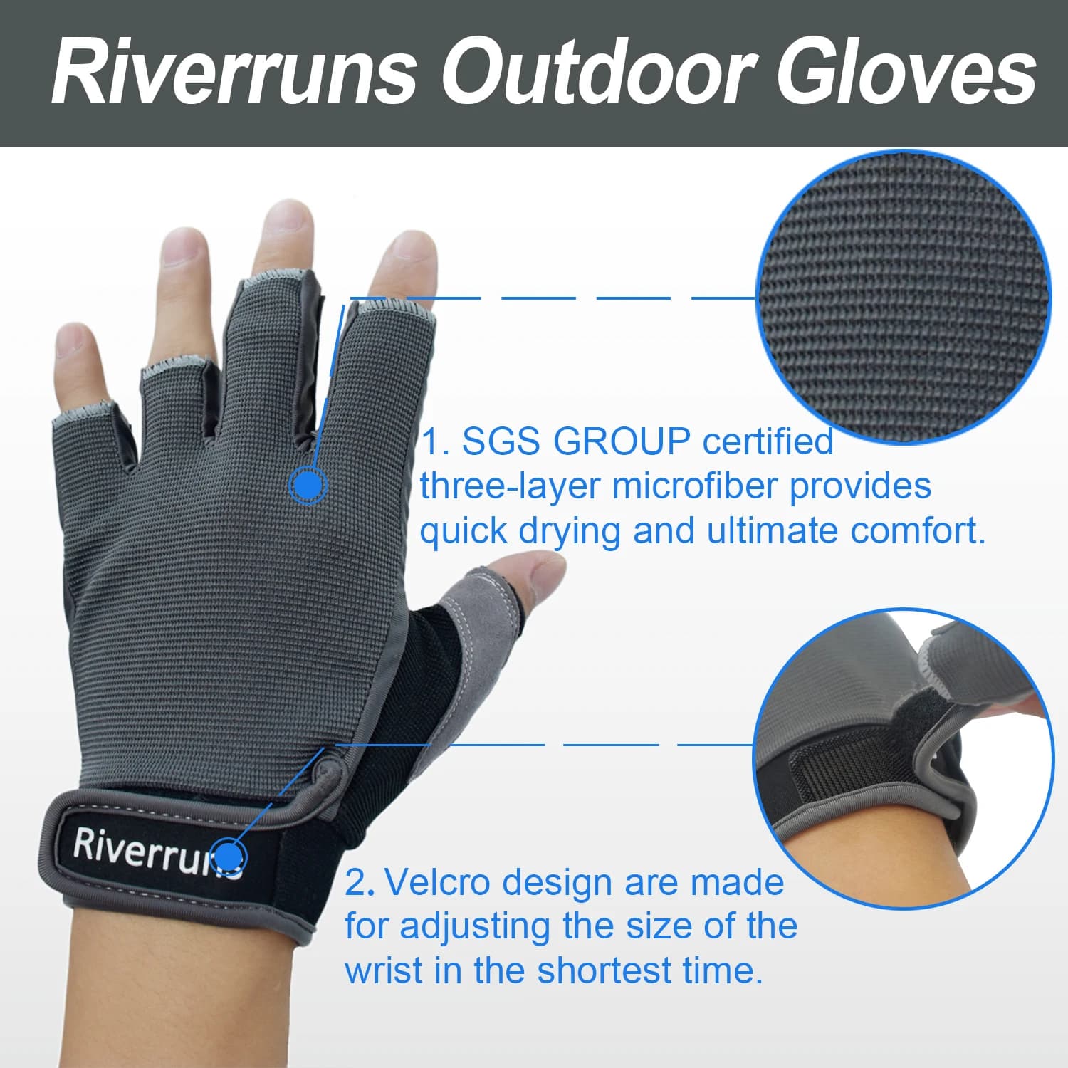 Gants pêche doigts libres Riverruns protection solaire paddle voile randonnée hommes