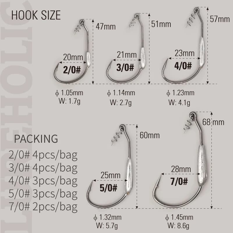 Hameçons plombés LUREHOLIC pour vers larges de 0.9g à 8.6g - Gap large avec plomb intégré
