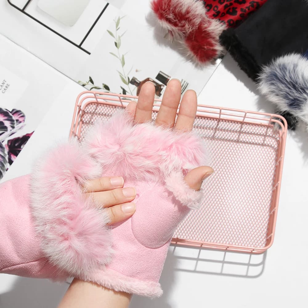 Gants hiver chauds sans doigts fausse fourrure lapin doux cuir souple stretch femmes filles
