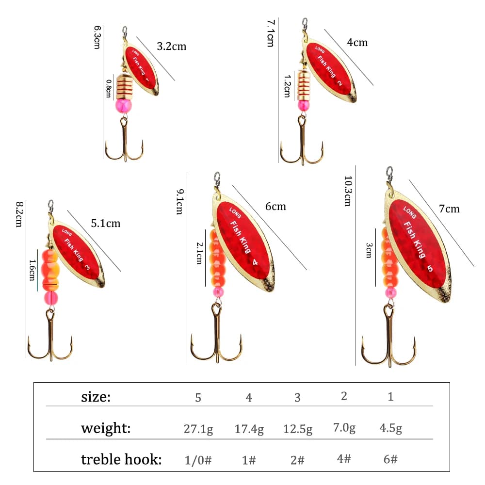 Leurre cuillère métal Fish King pour brochet et perche, leurre spinner avec hameçons - 4.5g à 27.1g