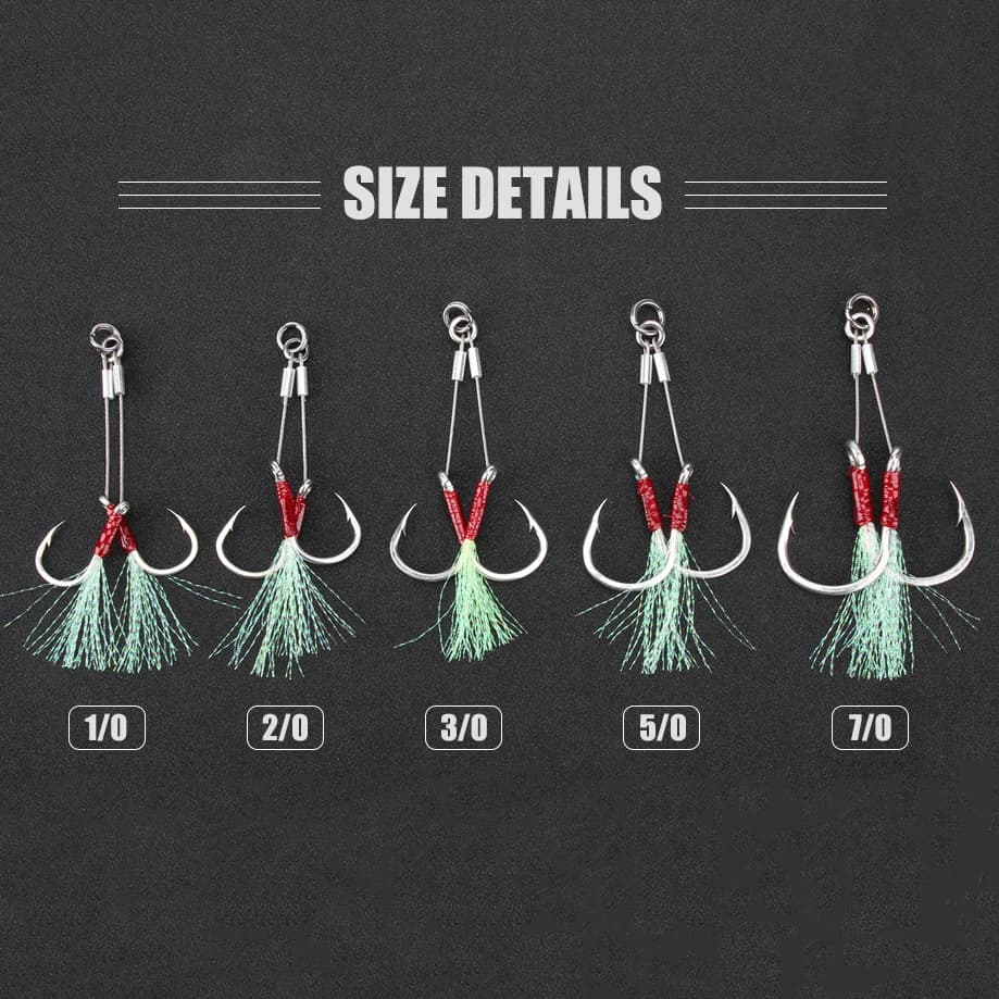 Hameçons doubles à plumes 2 paires pour jigging assisté - Tailles 1/0 à 7/0 pêche mer