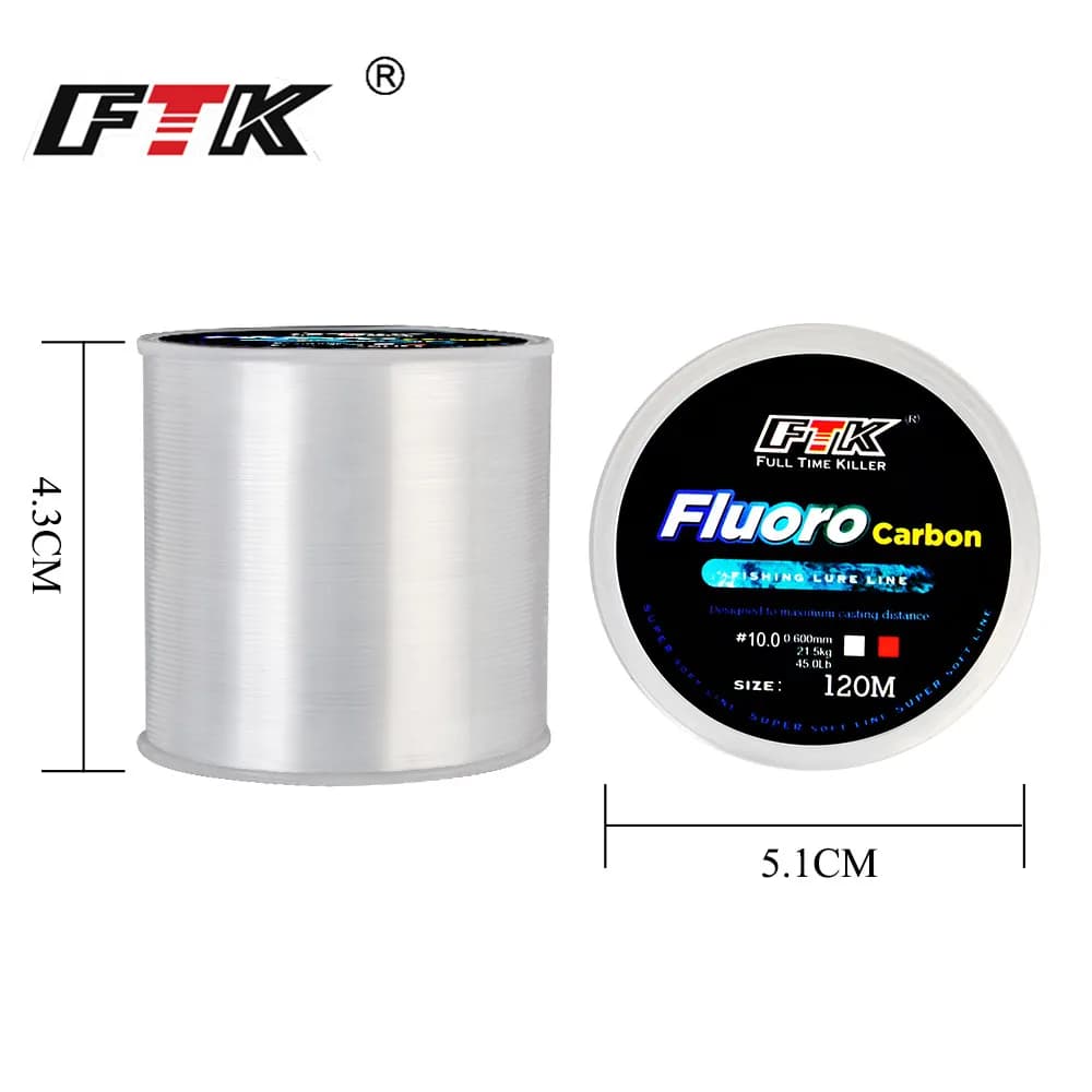 Ligne de Pêche FTK 120m Fluorocarbone Traitée 0.2 à 0.6mm Haute Résistance 7.15 à 45LB pour Pêche Sportive