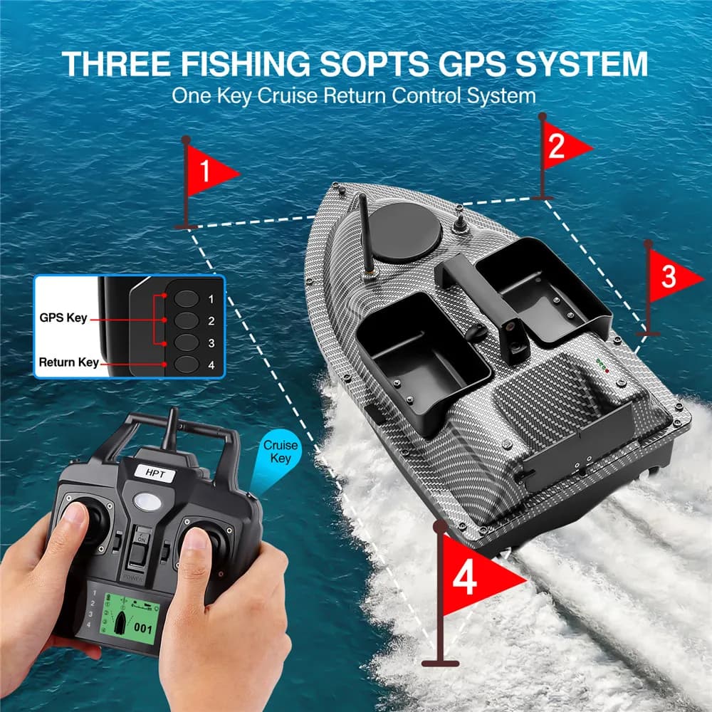 Bateau appât GPS 500M avec sondeur sans fil et 3 trémies pour pêche à la carpe et leurres