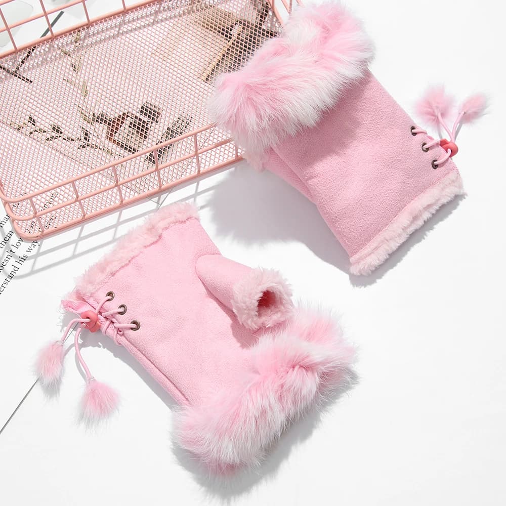 Gants hiver chauds sans doigts fausse fourrure lapin doux cuir souple stretch femmes filles