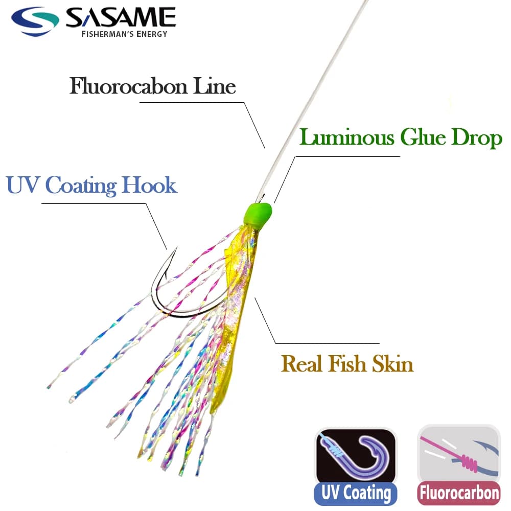 Leurre sabiki SASAME japonais pour pêche côtière au jig avec plumes UV et ligne fluorocarbone